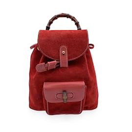 Gucci-Sac à bandoulière vintage en daim rouge en bambou petit sac à dos-Rouge