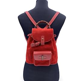 Gucci-Sac à bandoulière vintage en daim rouge en bambou petit sac à dos-Rouge