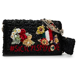 Dolce & Gabbana-Dolce&Gabbana Sac à bandoulière en paille orné de perles I Love Sicily noir-Noir