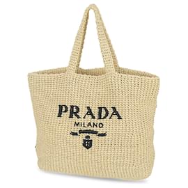 Prada-Prada Brown Raffia Logo Tote Bag-Brown,Beige