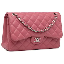 Chanel-Chanel Aba forrada de pele de cordeiro clássica rosa Jumbo-Rosa