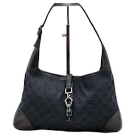 Gucci-Gucci Jackie Black Navy Canvas Leather Shoulder Bag-Black,Navy blue