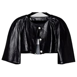 Chanel-New CC Pearl Buttons Black Leather Crop Jacket-Black