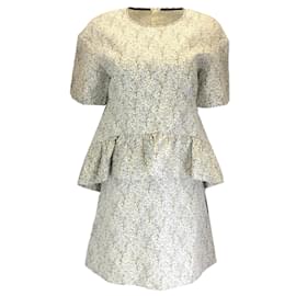 Autre Marque-Marni Elfenbein / hellblau / Schwarzes, bedrucktes, kurzärmliges Kleid aus Baumwolle und Seide mit Rüschen-Mehrfarben