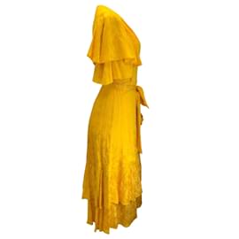 Autre Marque-Prabal Gurung Vestido envoltório de cetim com babados e açafrão-Amarelo