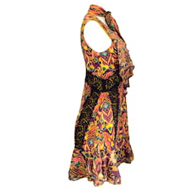 Autre Marque-Prabal Gurung Multicolored Printed Tie-Neck Lace Trimmed Silk Dress-Multiple colors