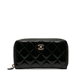 Chanel-Black Chanel CC Quilted Patent Zip Around Long Wallet-Black
