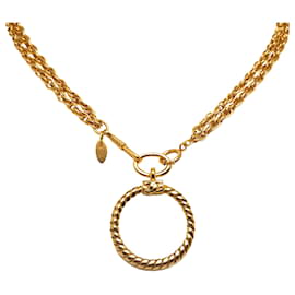 Chanel-Gold Chanel Gold Plated Double Chain Loupe Magnifying Glass Pendant Necklace-Golden