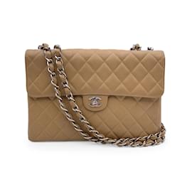 Chanel-Vintage Beige Quilted Caviar Jumbo Timeless Classic Flap Bag-Beige