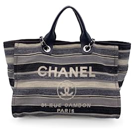 Chanel-Sac cabas Deauville moyen en toile rayée noire et grise-Noir