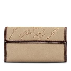 Prada-Prada Canapa Logo Bifold Long Wallet Canvas Lange Geldbörse in gutem Zustand-Beige