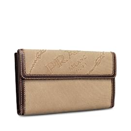 Prada-Prada Canapa Logo Bifold Long Wallet Portefeuille long en toile en bon état-Beige