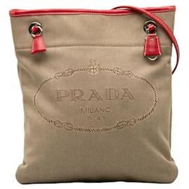 Prada-Prada Canapa Logo Crossbody Bag Bolsa Crossbody de lona em bom estado-Bege