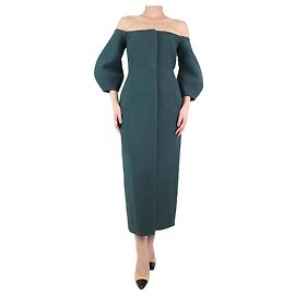 Gabriela Hearst Grünes schulterfreies Midikleid mit Puffärmeln – Größe Grün