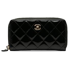 Chanel-Chanel Black CC Quilted Patent Zip Around Long Wallet-Black