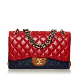 Chanel-Sac à rabat doublé Chanel Tricolor Medium Classic rouge-Rouge