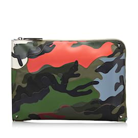 Valentino-Green Valentino Camouflage Canvas and Leather Clutch Bag-Green