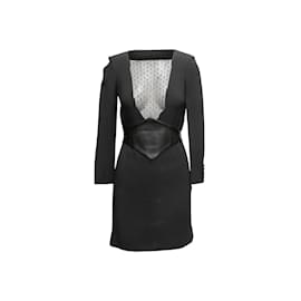 Saint Laurent-Vestido preto Saint Laurent em couro e detalhes em malha tamanho US XS-Preto