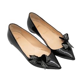 Christian Louboutin-Black Christian Louboutin Patent Crystal Bow-Accented Flats Size 39.5-Black