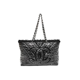 Chanel-Black Chanel Quilted Cotton Fringe & PVC Tote Bag-Black