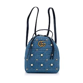 Gucci-Blue Gucci Small GG Marmont Pearl Denim Backpack-Blue
