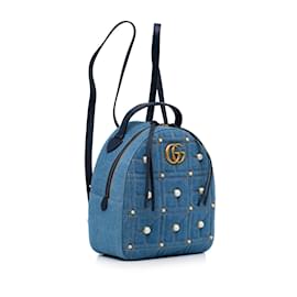 Gucci-Mochila pequeña de mezclilla azul con GG Marmont y perlas de Gucci-Azul