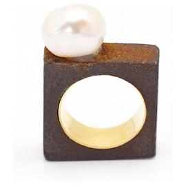 Autre Marque-IRON Ring Yellow Gold and Baroque Pearl.-Dark brown
