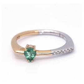 Autre Marque-Anello PIATTO Bicolore in Oro e Smeraldo.-Argento,D'oro,Verde