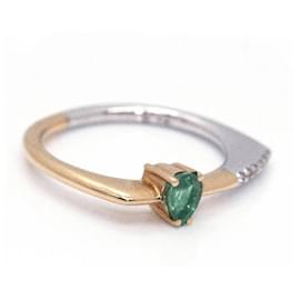 Autre Marque-Bicolour Gold and Emerald FLAT Ring.-Silvery,Golden,Green