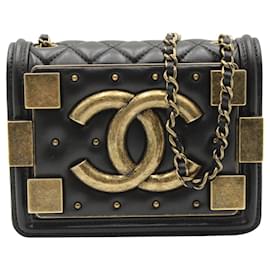 Chanel-Chanel Classic Studded Boy Brick Flap Bag in Black Lambskin Leather-Black