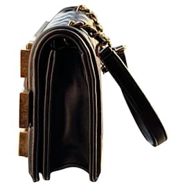 Chanel-Chanel Classic Studded Boy Brick Flap Bag in Black Lambskin Leather-Black