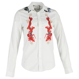 Gucci-Camisa con botones y bordado de dragón Gucci en algodón blanco-Blanco