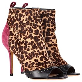 Salvatore Ferragamo-Salvatore Ferragamo Leopard-Print Peep-toe Booties in Multicolor Calf Hair-Multiple colors