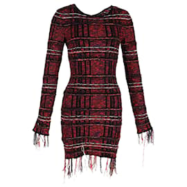 Balmain-Balmain Checked Tweed Fringed Long Sleeve Mini Dress in Red Viscose-Red