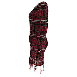 Balmain-Miniabito Balmain a maniche lunghe con frange in tweed a quadri in viscosa rossa-Rosso
