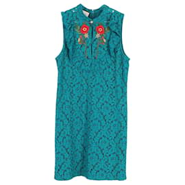 Gucci-Mini-robe en dentelle brodée de fleurs Gucci en coton turquoise-Autre