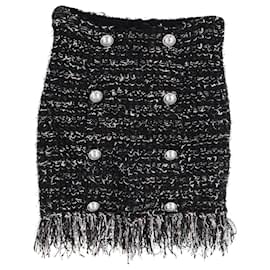 Balmain-Balmaın 8-Button Fringed Tweed Skirt in Black Viscose-Black
