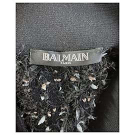 Balmain-balmain 8Gonna in tweed con frange e bottoni in viscosa nera-Nero