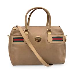 Gucci-Vintage Beige Leather Web Satchel Handbag with Strap-Beige