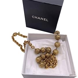 Chanel-VINTAGE 1980Colar de corrente de metal dourado com contas de metal-Dourado