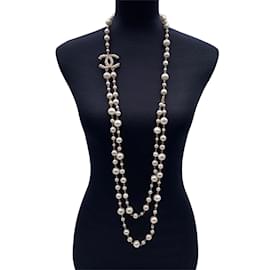 Chanel-Collar largo forrado de perlas artificiales con logotipo CC-Dorado
