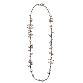 Chanel-Collar largo de cadena de metal dorado claro con perlas y logotipo CC-Dorado