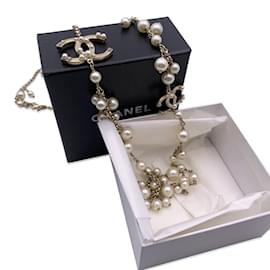 Chanel-Light Gold Metal Chain Long Necklace Pearls Beads with CC Logo-Golden