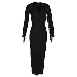 Alessandra Rich-Alessandra Rich Fringed V-neck Maxi Dress in Black Silk-Black