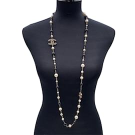 Chanel-Gold Metal Long Necklace CC Logos Black and White Pearls-Golden