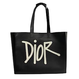 Dior-Logo Printed Leather Tote Bag-Black