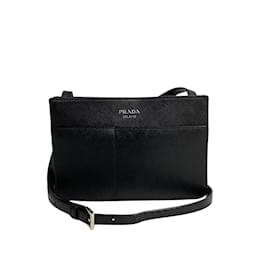 Prada-Prada Saffiano Lux Double Pocket Crossbody Bag Leather Crossbody Bag in Excellent condition-Black