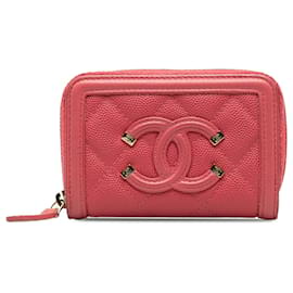 Chanel-Chanel Pink CC Caviar Filigree Zip Around Carteira Pequena-Rosa