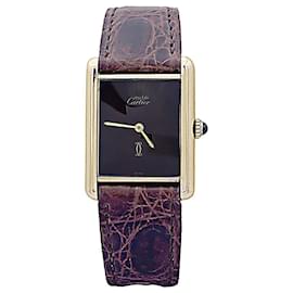 Cartier-Reloj Cartier "Tank Must" plateado chapado en oro, Esfera lacada en marrón..-Otro