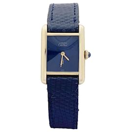 Cartier-Cartier "Tank Must" silver gold-plated watch, blue lacquered dial.-Other